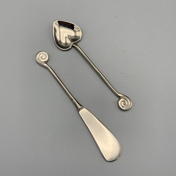 Two VTG Pewter Zig Zag Ornament Shaped Dip Bowls w/Heart Spoon & Knife Spreader - Picture 8 of 9